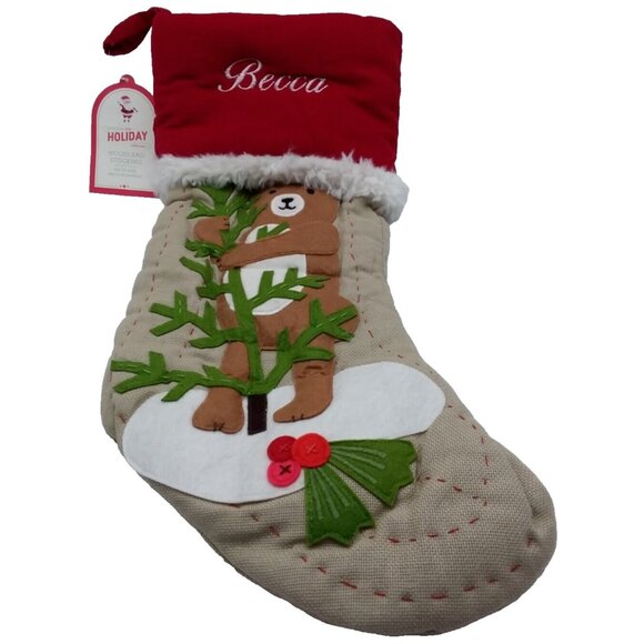 Pottery Barn Kids Becca Woodland Bear Stocking Holiday Christmas Quilted Xmas - Picture 1 of 9